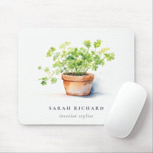Potted Herb Parsley Coriander Watercolor Botanical Mouse Pad
