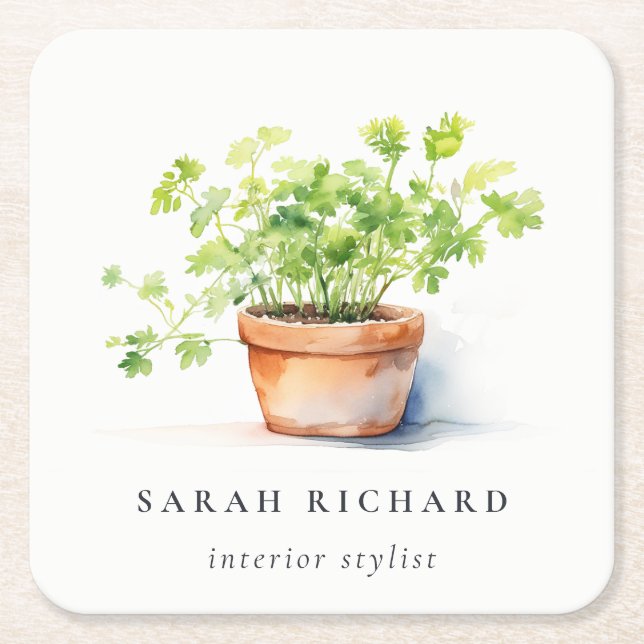 Potted Herb Parsley Coriander Watercolor Botanical Square Paper Coaster (Front)