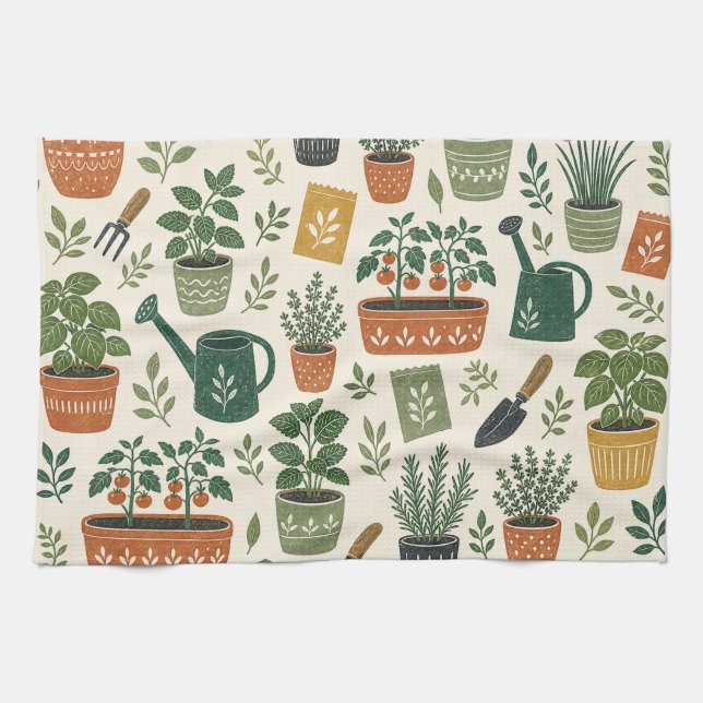 Potted Herbs and Kitchen Garden Botanical Pattern Tea Towel (Horizontal)