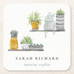 Potted House Plants Watercolor Botanical  Square Paper Coaster