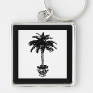 Potted Palm Tree - black and white Key Ring
