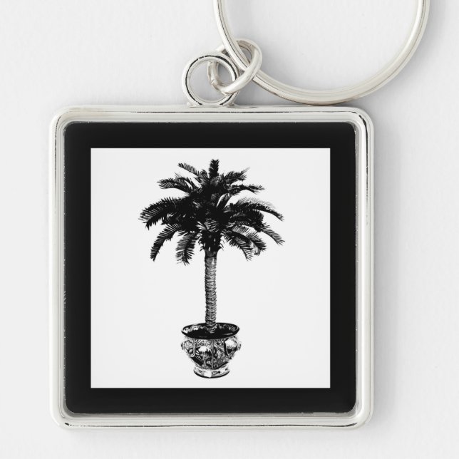 Potted Palm Tree - black and white Key Ring (Front)