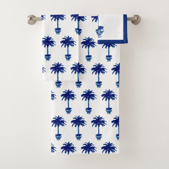 Potted Palm Tree - cobalt blue and white Bath Towel Set (Insitu)