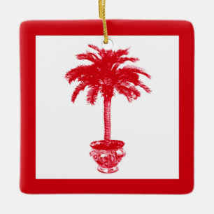 Potted Palm Tree - deep red and white Ceramic Ornament
