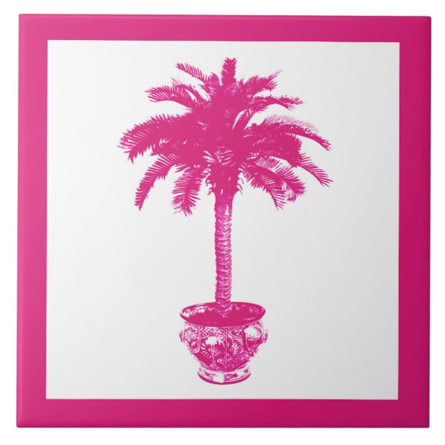 Potted Palm Tree - fuchsia pink and white Ceramic Tile (Front)