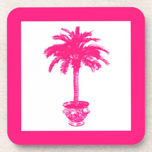 Potted Palm Tree - fuchsia pink and white Coaster
