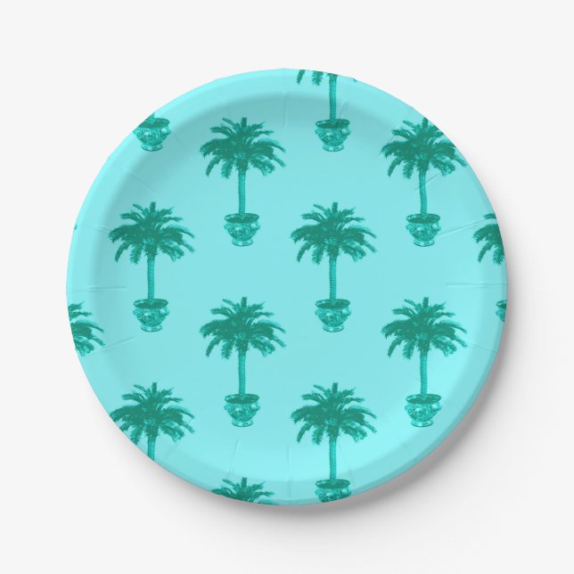 Potted Palm Tree in Turquoise and Aqua Paper Plate (Front)