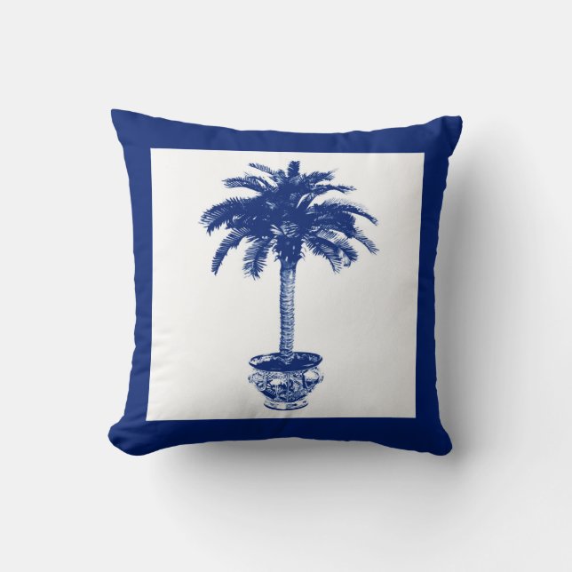 Potted Palm Tree - navy blue and white Cushion (Front)