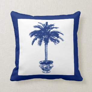 Potted Palm Tree - navy blue and white Cushion