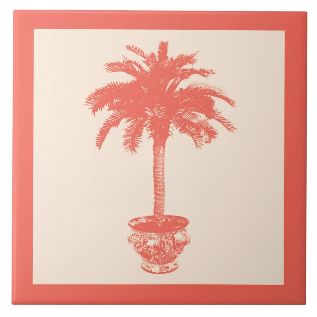 Potted Palm Tree - shades of coral orange Tile (Front)