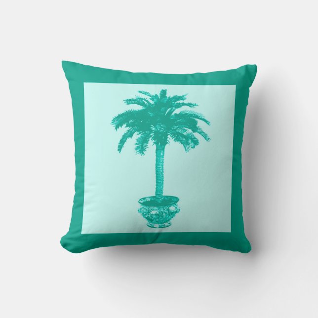 Potted Palm Tree - turquoise and aqua Cushion (Front)