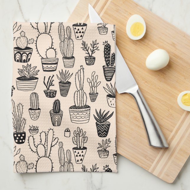 Potted Plants Cacti Succulents Handmade Pattern Tea Towel (Quarter Fold)