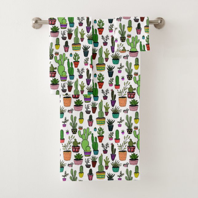 Potted PLants Cactus Succulent Cute Pattern Bath Towel Set (Insitu)