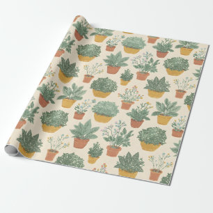 Potted Plants Flowers Botanical Illustration Style Wrapping Paper