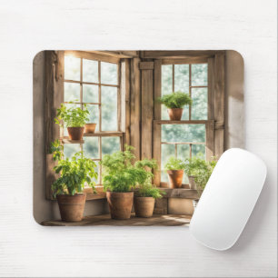 Potted Plants in Sunny Farmhouse Window Mouse Pad