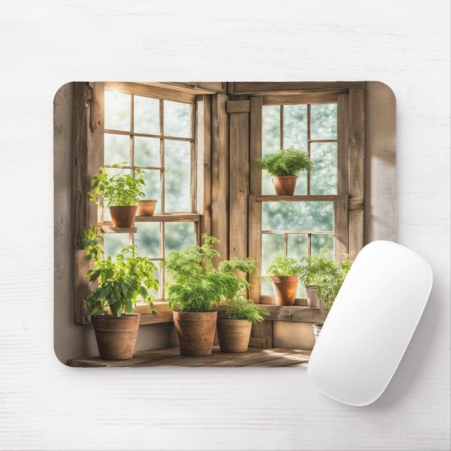 Potted Plants in Sunny Farmhouse Window Mouse Pad (With Mouse)