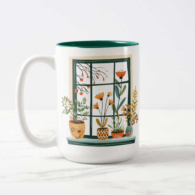 Potted Plants on Window  Two-Tone Coffee Mug (Left)