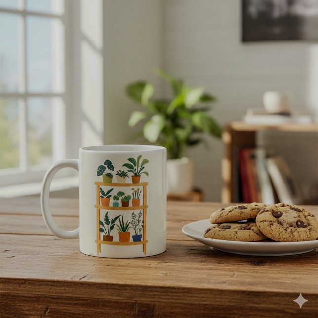Potted Plants Shelf Coffee Mug (House plants on a wooden stand mug)