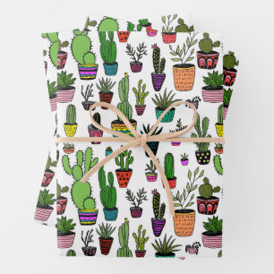 Potted Plants Succulents Cacti Colourful Cute Gift Wrapping Paper Sheet