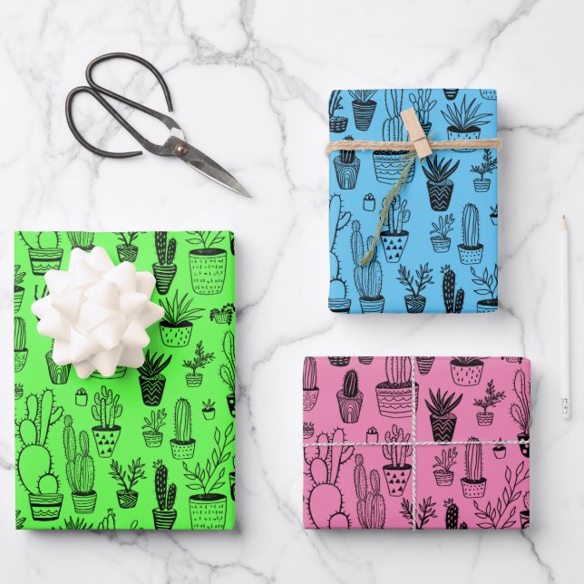 Potted Plants Succulents Cacti Handmade Neon Gift Wrapping Paper Sheet (Front)