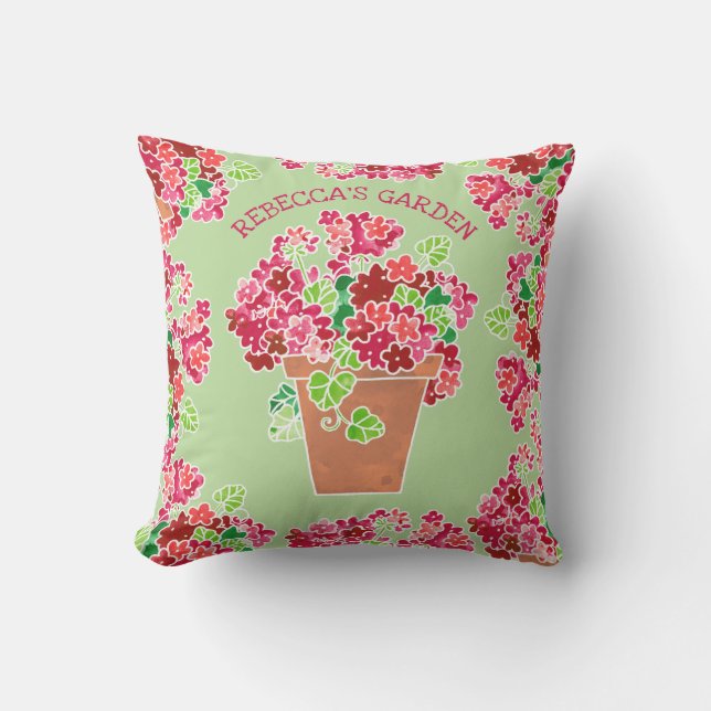 Potted Red Geraniums Floral Monogrammed Name Cushion (Front)