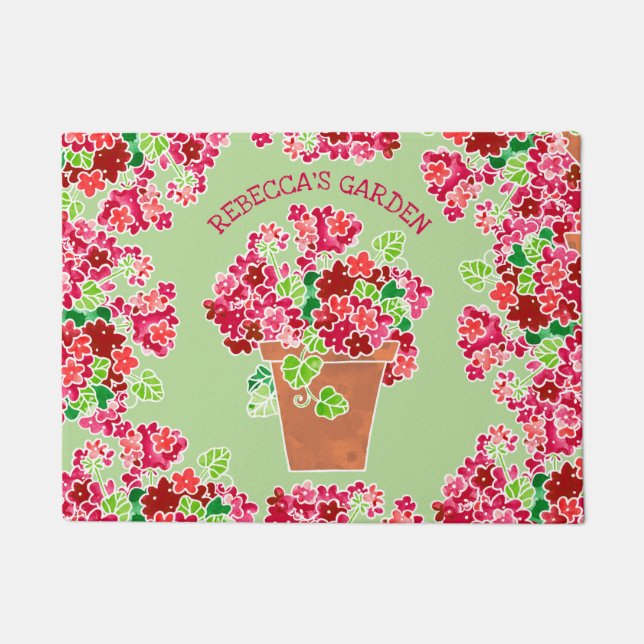 Potted Red Geraniums Floral Monogrammed Name Doormat (Front)