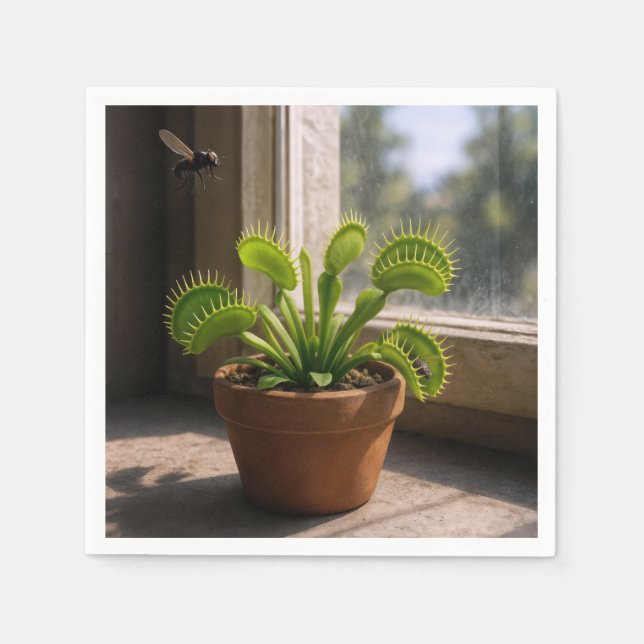 Potted Venus Flytrap Plant With Flies Napkin (Front)