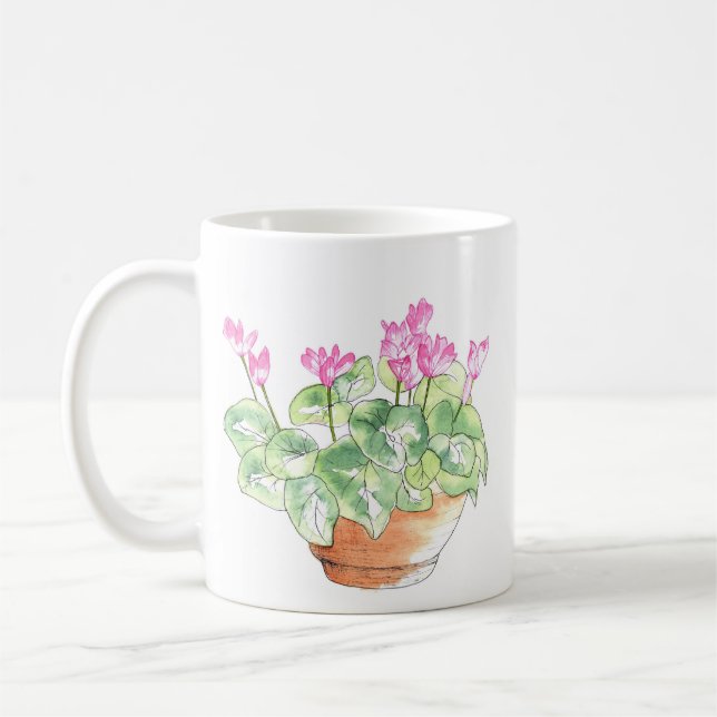 Potted Watercolor Cyclamen Coffee Mug (Left)