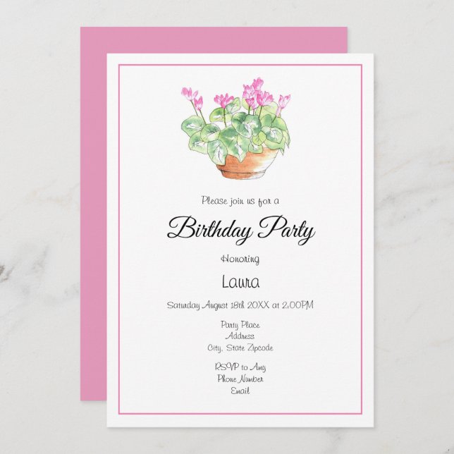 Potted Watercolor Cyclamen Invitation (Front/Back)