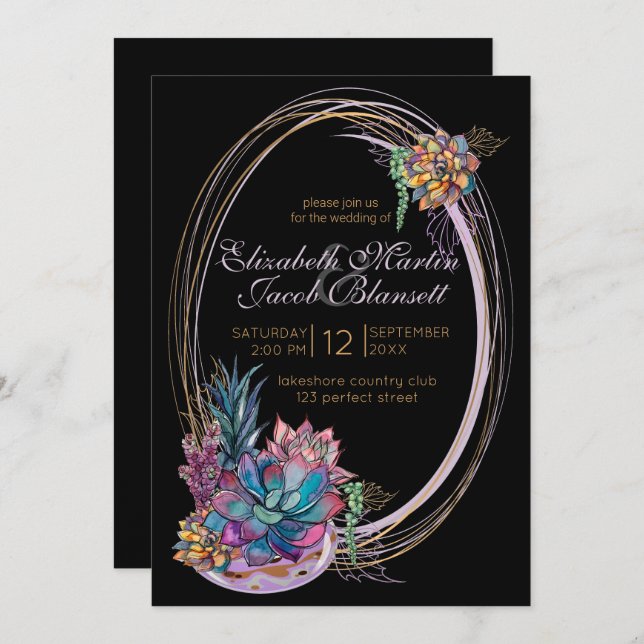 Potted Watercolor Succulent, purple black Wedding Invitation (Front/Back)