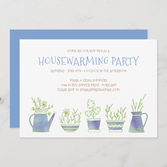 Pottery and Plants Housewarming Party Blue Invitation (Front/Back)