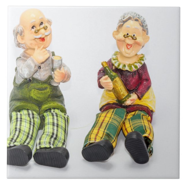 Pottery figurines of old couple drinking wine ceramic tile (Front)
