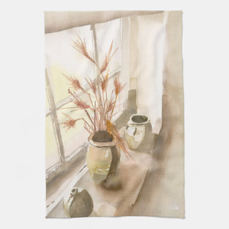 Pottery in Window Watercolor on Kitchen Towel