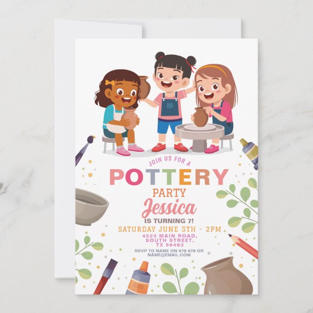 Pottery Making Crafts Clay Art Pots Fun Birthday Invitation (Front)