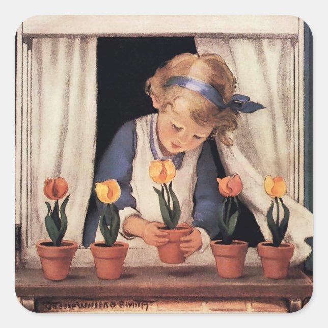 Potting Tulips by Jessie Willcox Smith Square Sticker (Front)