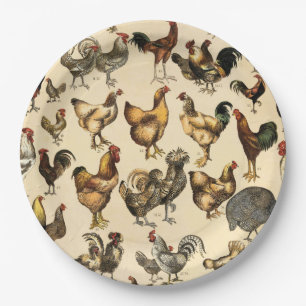 Poultry Farm Rooster and Hen Art Paper Plate