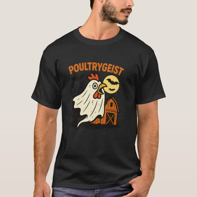 Poultrygeist Funny Chicken Ghost Halloween Pun Des T-Shirt (Front)