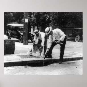 Pouring Whiskey Into a Sewer, 1930. Vintage Photo Poster
