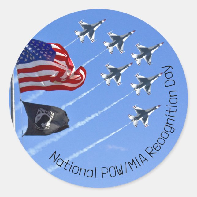POW MIA Flag, USA Flag & The Thunderbirds Classic Round Sticker (Front)