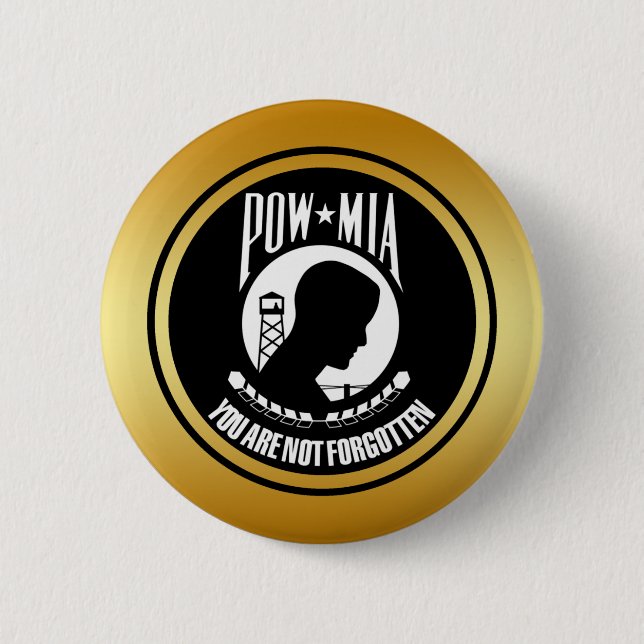 POW MIA - GOLD FRAME 6 CM ROUND BADGE (Front)
