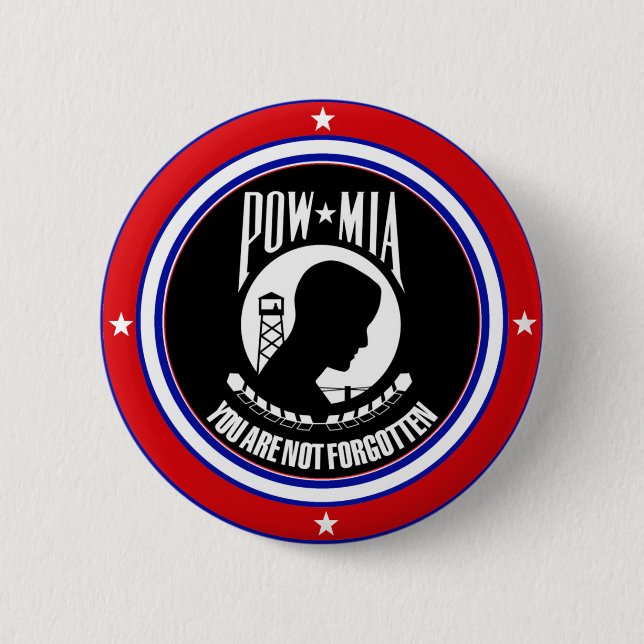 POW MIA - RED WHITE AND BLUE 6 CM ROUND BADGE (Front)