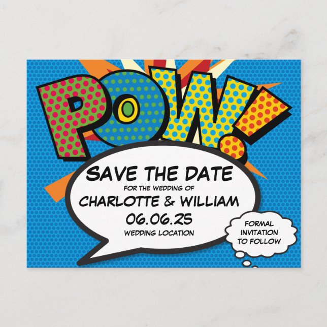 POW Save the Date Fun Retro Comic Book Pop Art Announcement Postcard (Front)
