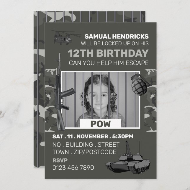POW, War Themed Escape Room, Birthday Party Invitation (Front/Back)