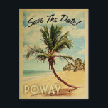 Poway California Save The Date Vintage Announcement Postcard<br><div class="desc">This neo vintage Poway Save The Date postcard boasts tons of charm with a cool retro mid-century style. Featuring a tropical palm tree on white sandy beach with a blue ocean and puffy clouds in a blue sky, your destination wedding will make everyone excited when they receive this vintage Poway...</div>