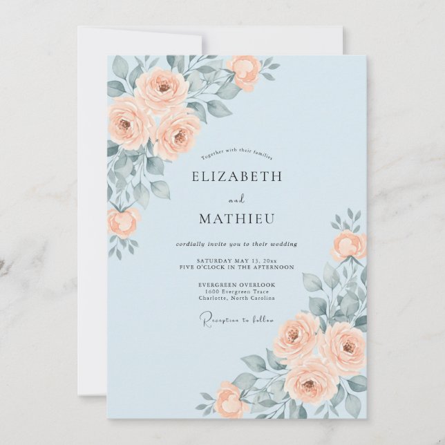 Powder Apricot Peony Wedding Invitation (Front)