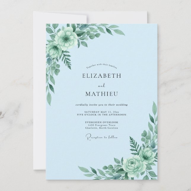 Powder Aqua Eucalyptus Wedding Invitation (Front)