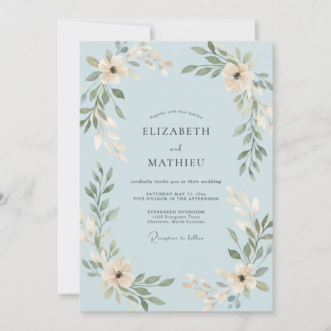 Powder Azure Leaf Wedding Invitation (Front)