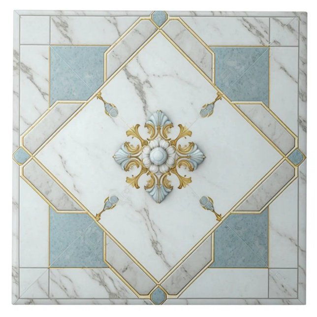Powder Blue and Gold Floral Medallion Ceramic Tile (The complete printed tile design. Tiles sold individually.)