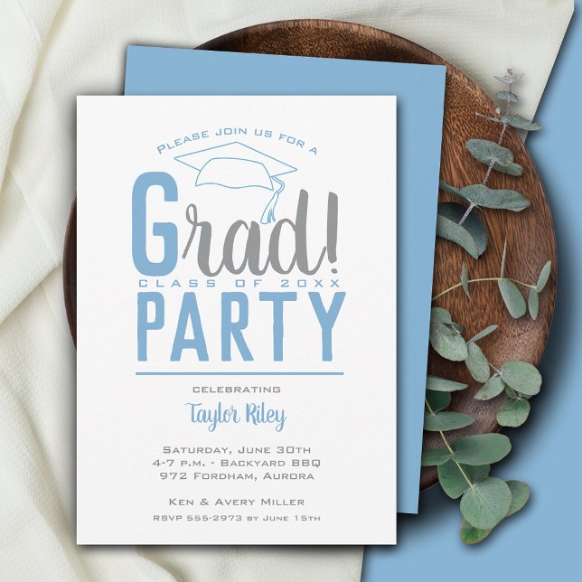 Powder Blue and Grey Graduation Party Invitation (Creator Uploaded)