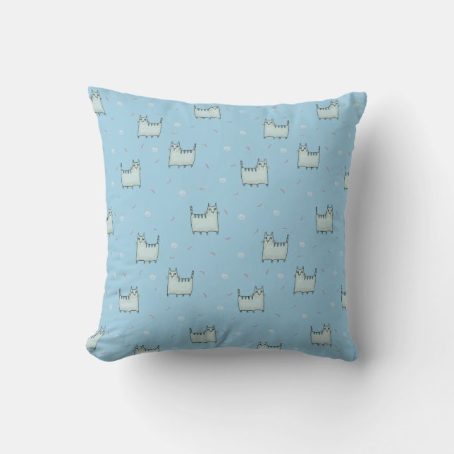 Powder Blue and Grey Whimsical Cats Pattern Cushion (Front)